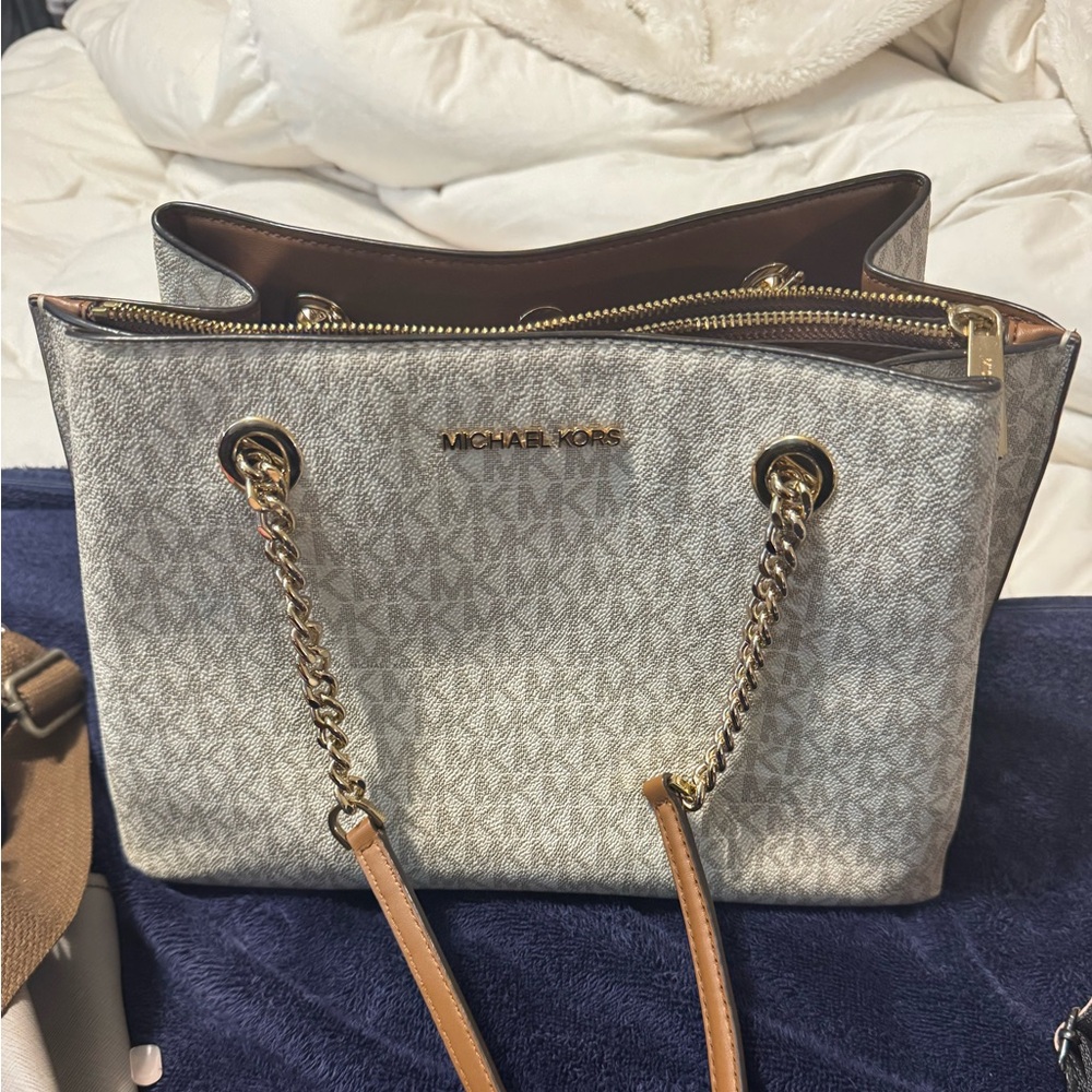 Michael Kors Beige Logo Chain-Handle Tote with Tan Trim